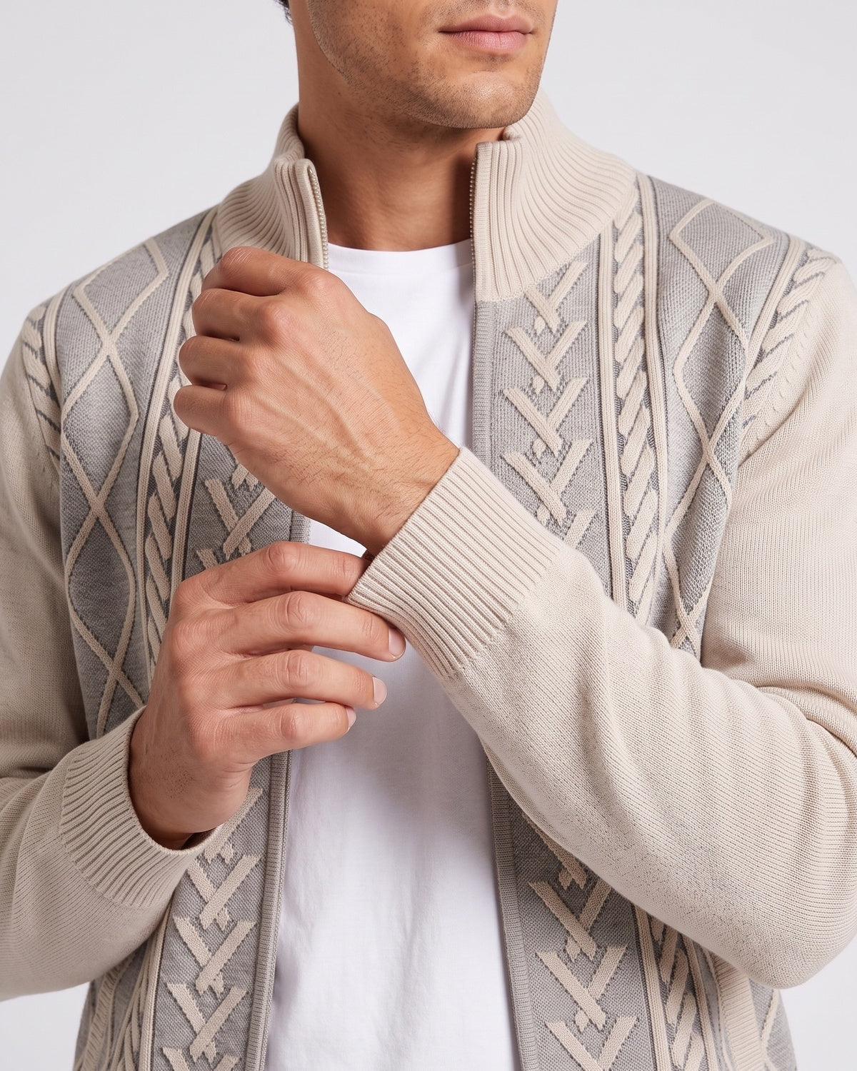 KZZ Men's Geometric Print Zip-Up Cable-Knit Cardigan