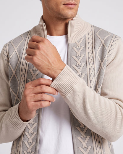 KZZ Men's Geometric Print Zip-Up Cable-Knit Cardigan