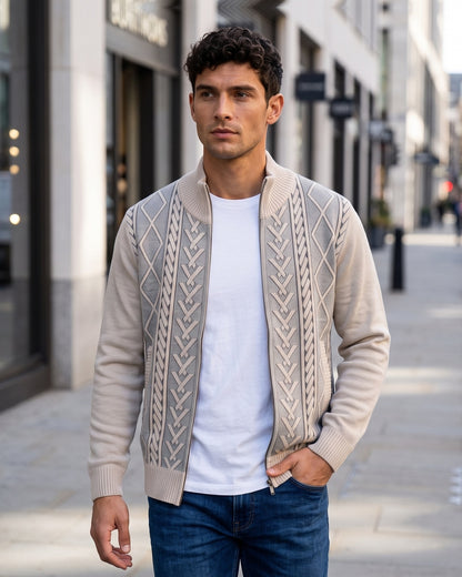 KZZ Men's Geometric Print Zip-Up Cable-Knit Cardigan