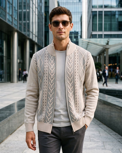 KZZ Men's Geometric Print Zip-Up Cable-Knit Cardigan