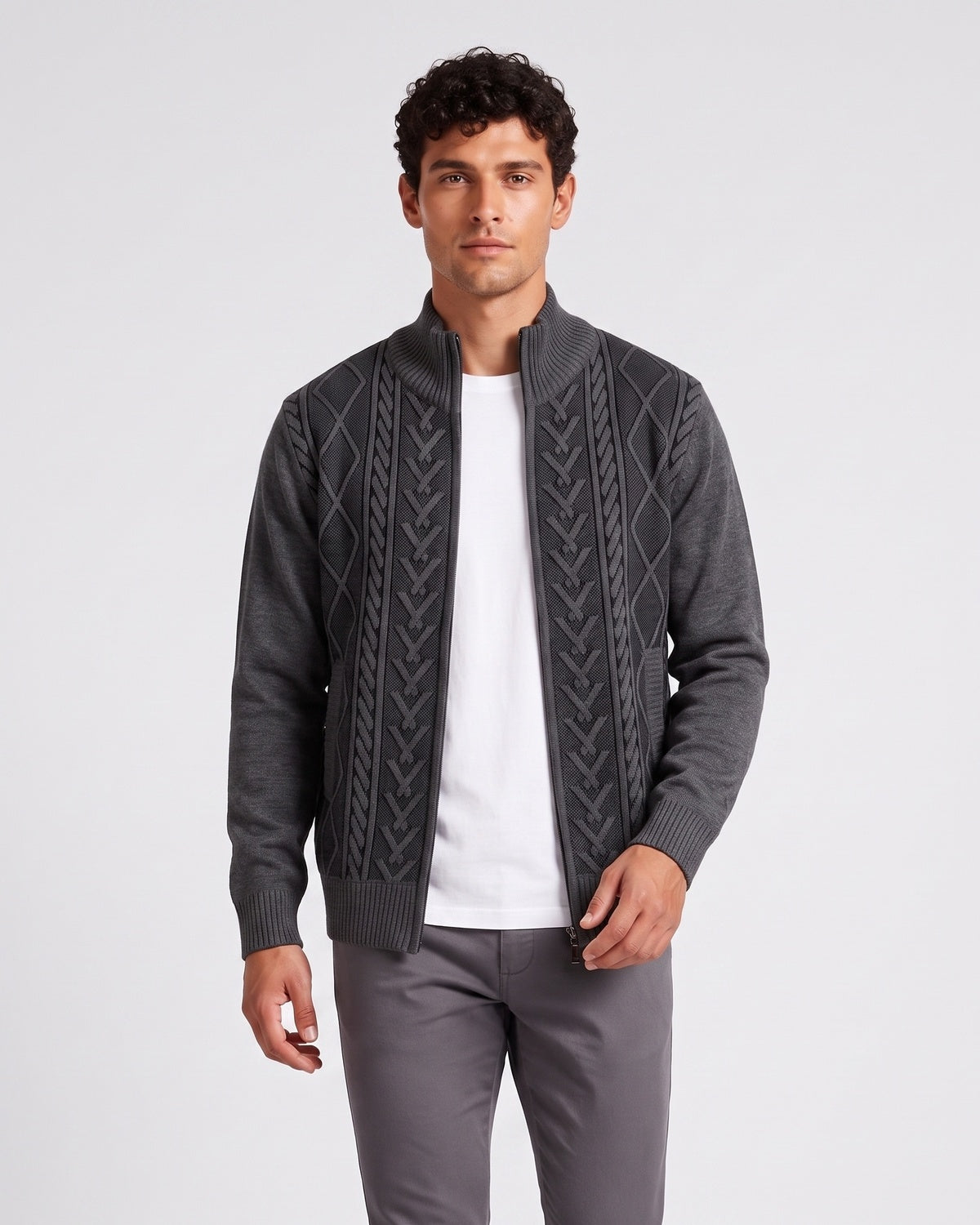 KZZ Men's Geometric Print Zip-Up Cable-Knit Cardigan