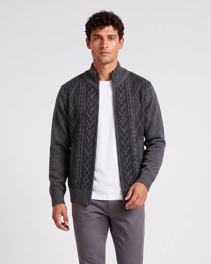 KZZ Men's Geometric Print Zip-Up Cable-Knit Cardigan