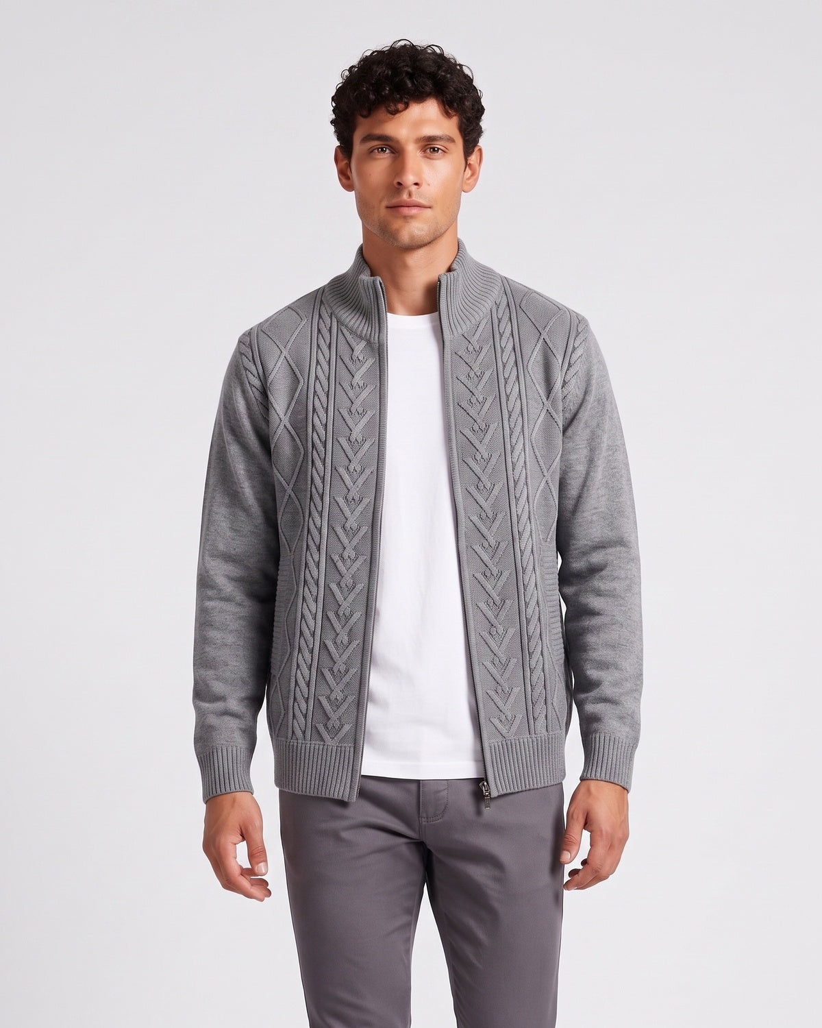 KZZ Men's Geometric Print Zip-Up Cable-Knit Cardigan