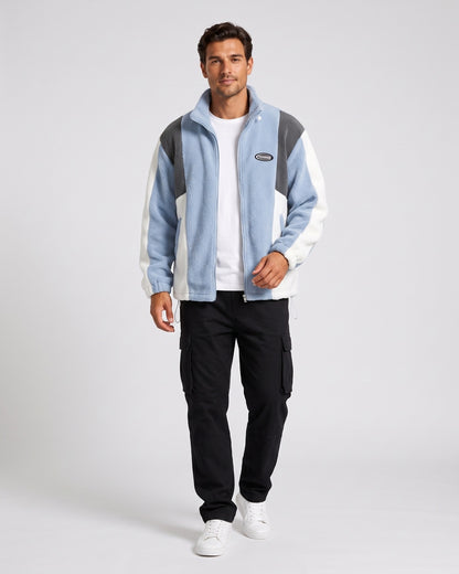 KZZ Men's Color-Block Fleece Jacket with Zippered Pockets