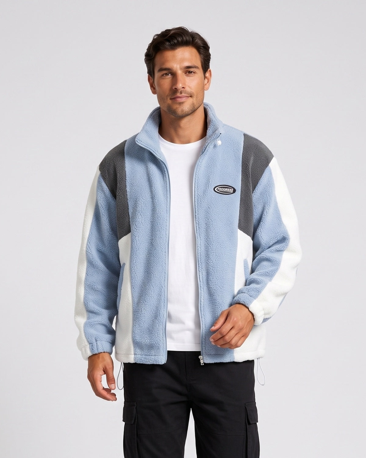 KZZ Men's Color-Block Fleece Jacket with Zippered Pockets