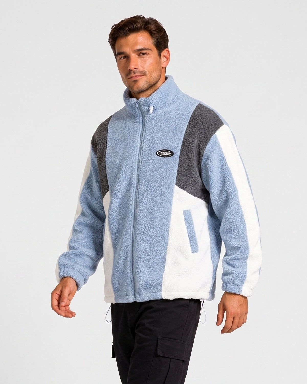 KZZ Men's Color-Block Fleece Jacket with Zippered Pockets