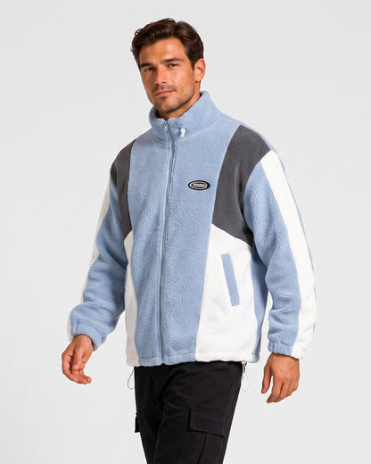 KZZ Men's Color-Block Fleece Jacket with Zippered Pockets