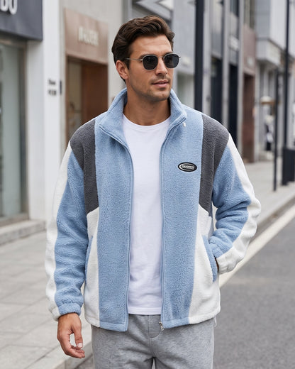 KZZ Men's Color-Block Fleece Jacket with Zippered Pockets