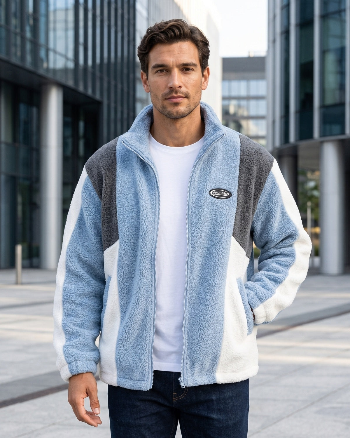 KZZ Men's Color-Block Fleece Jacket with Zippered Pockets