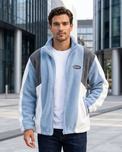 KZZ Men's Color-Block Fleece Jacket with Zippered Pockets