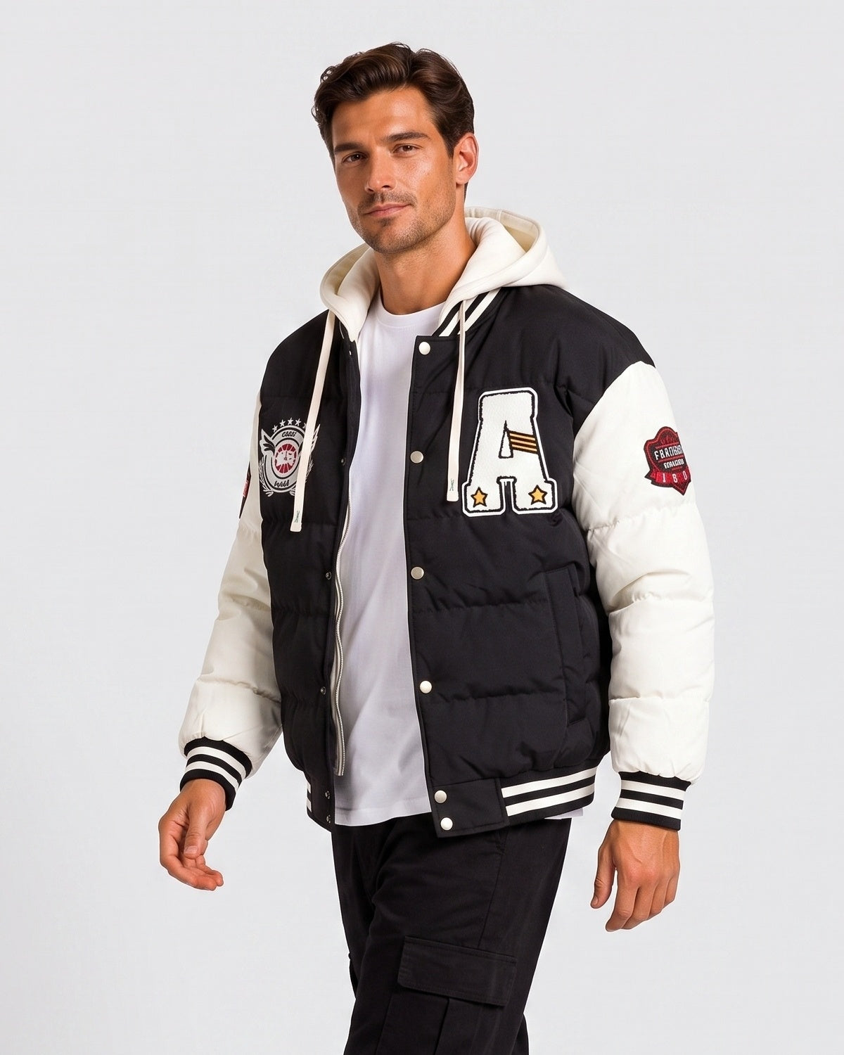 KZZ Men's Color-Block Letter-Print Drawstring Hooded Jacket