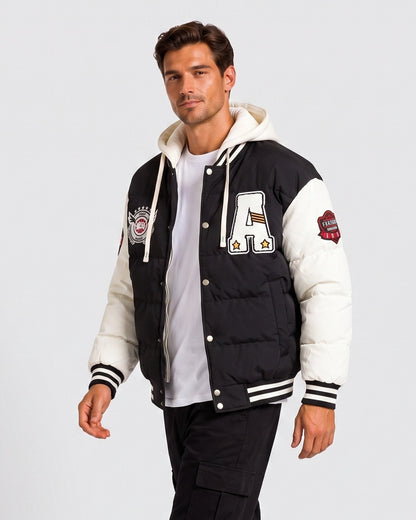 KZZ Men's Color-Block Letter-Print Drawstring Hooded Jacket