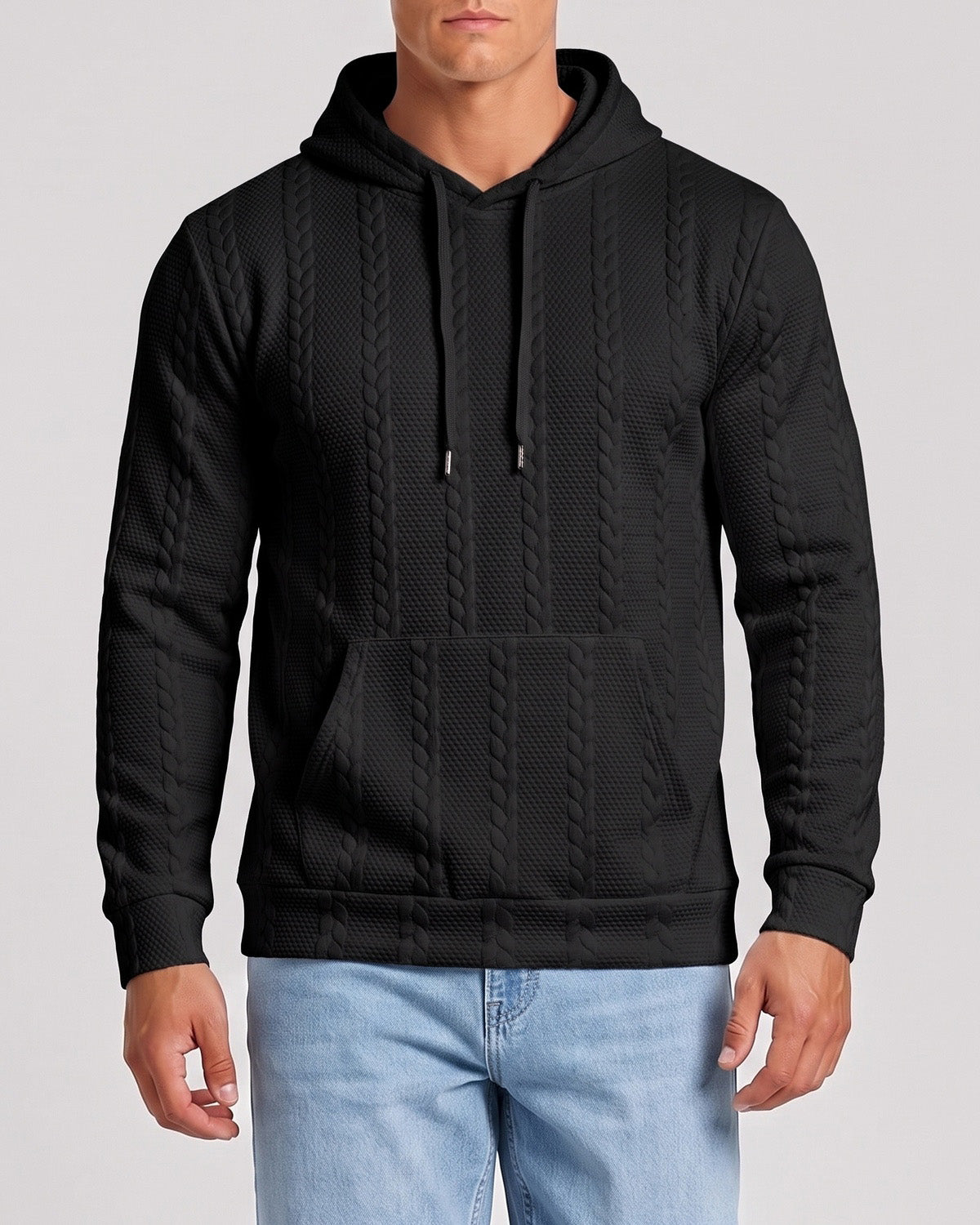 KZZ Men's Solid Color Textured Drawstring Hooded Sweatshirt