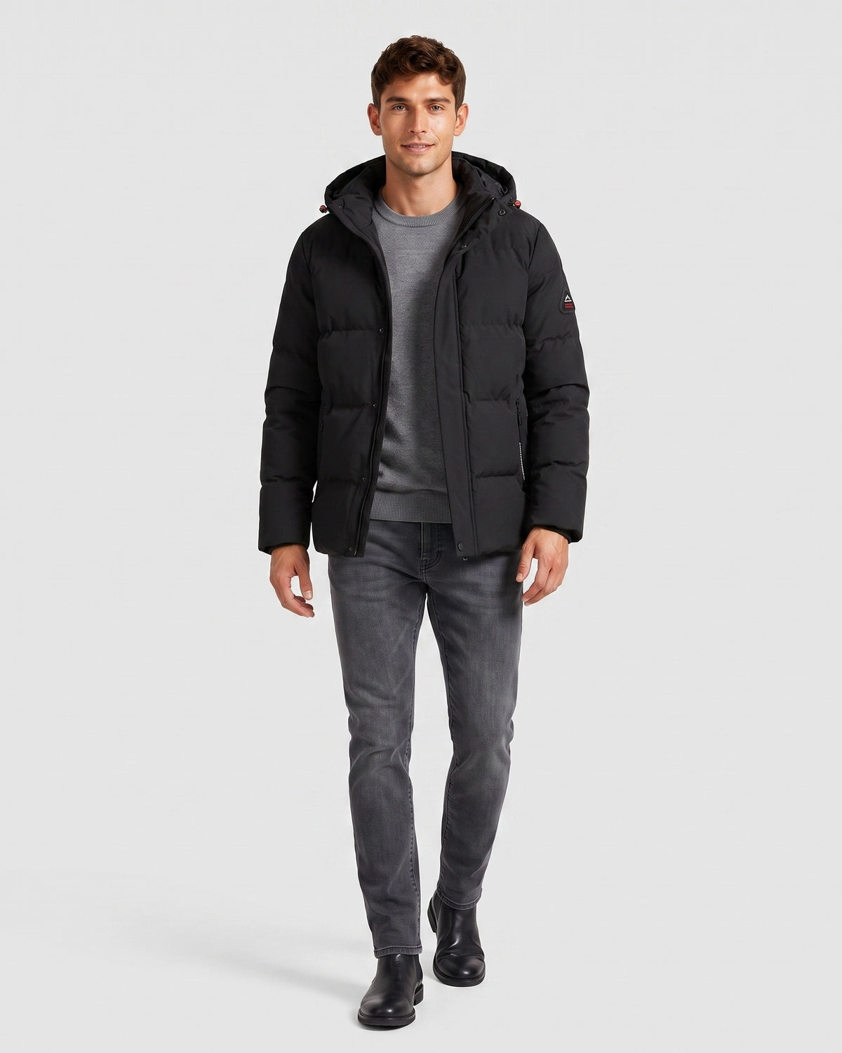 KZZ Men's Solid-Color Color-Block Zip-Up Hooded Winter Jacket