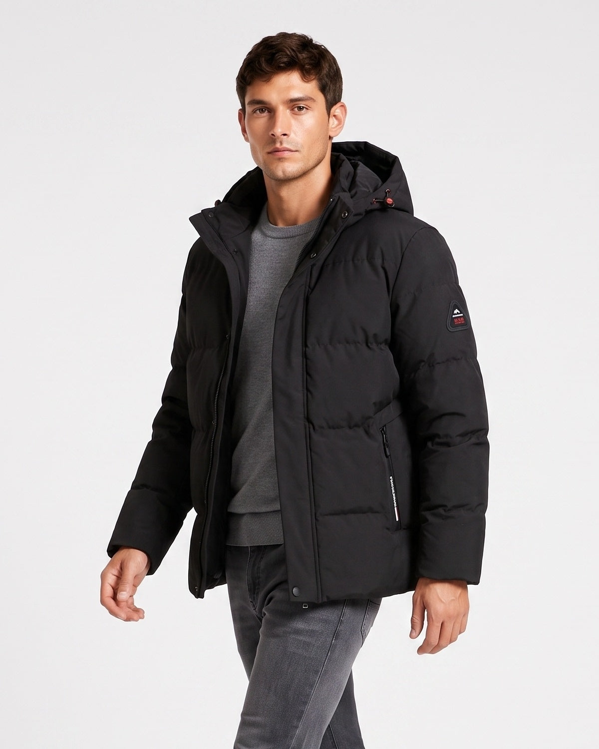 KZZ Men's Solid-Color Color-Block Zip-Up Hooded Winter Jacket