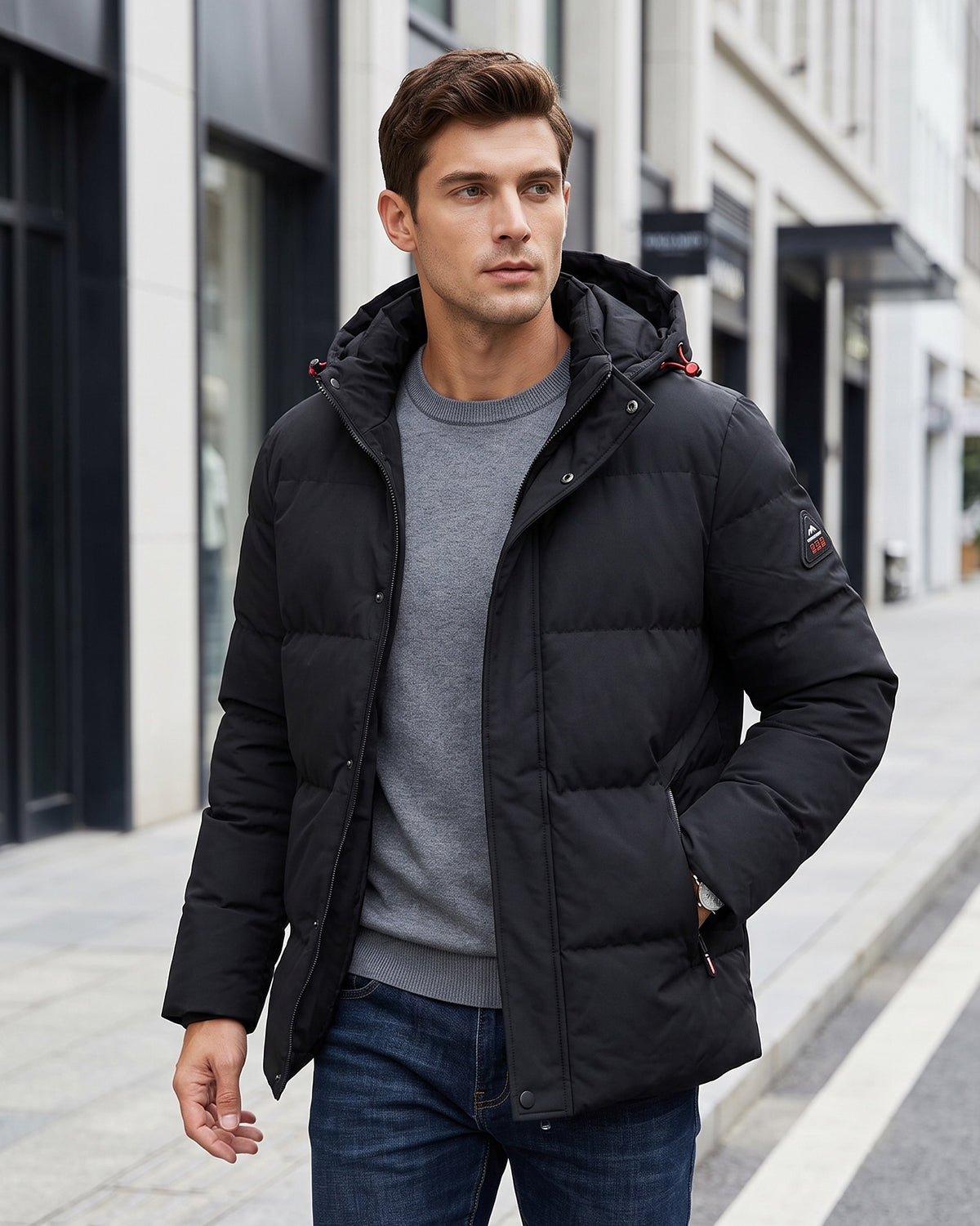 KZZ Men's Solid-Color Color-Block Zip-Up Hooded Winter Jacket