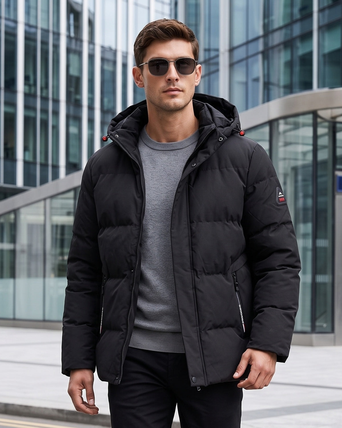 KZZ Men's Solid-Color Color-Block Zip-Up Hooded Winter Jacket