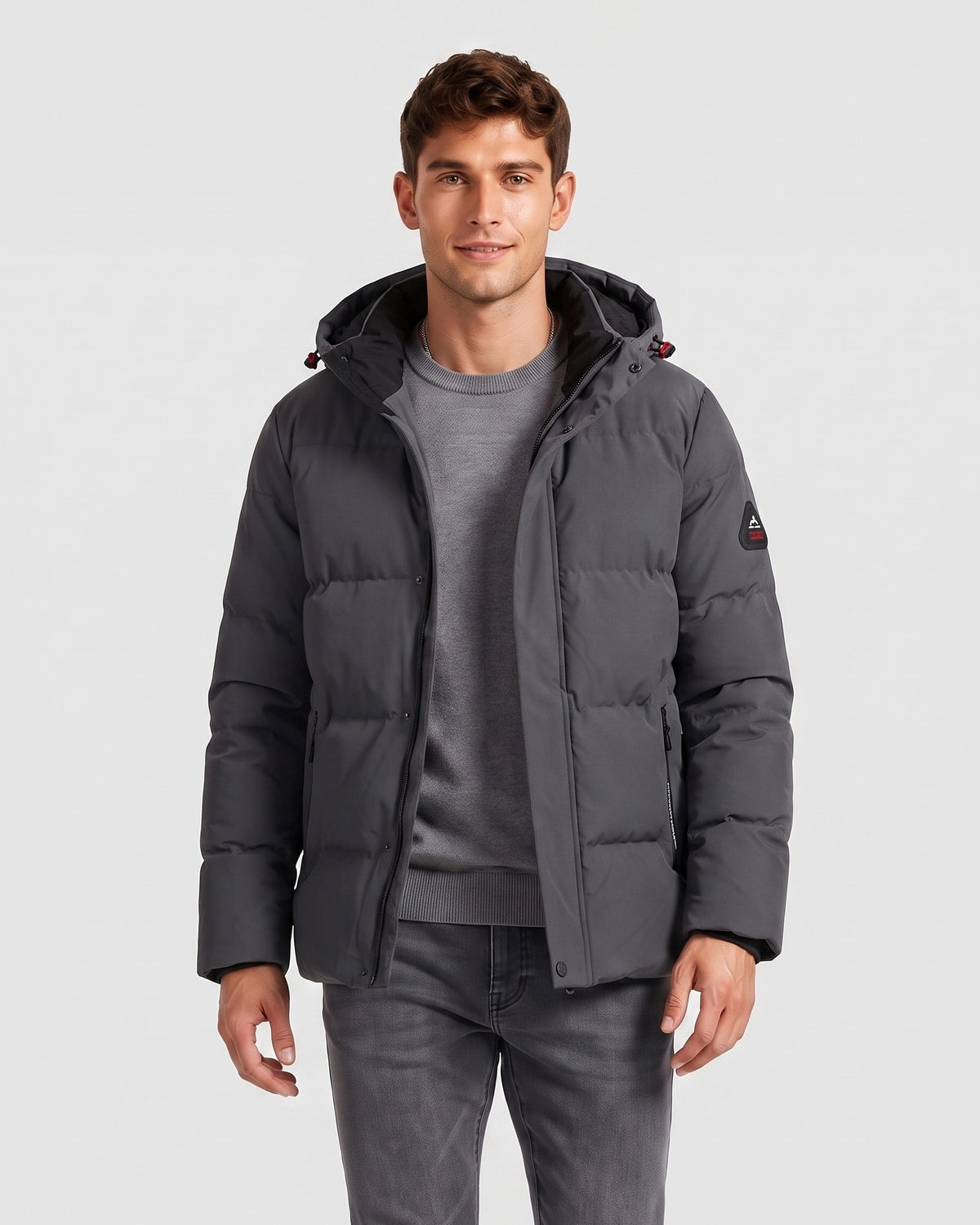 KZZ Men's Solid-Color Color-Block Zip-Up Hooded Winter Jacket