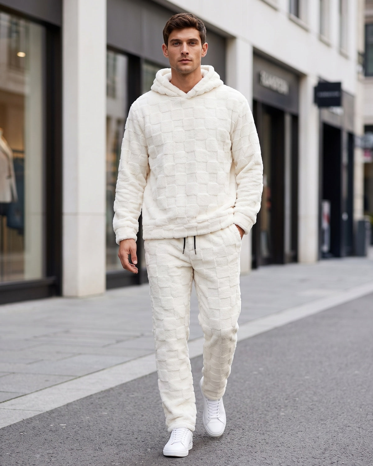 KZZ Fleece-lined letter-embroidered hoodie and elastic-waist trousers