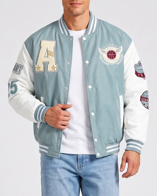 KZZ Men's color-blocked letter and graphic embroidered baseball collar patchwork jacket