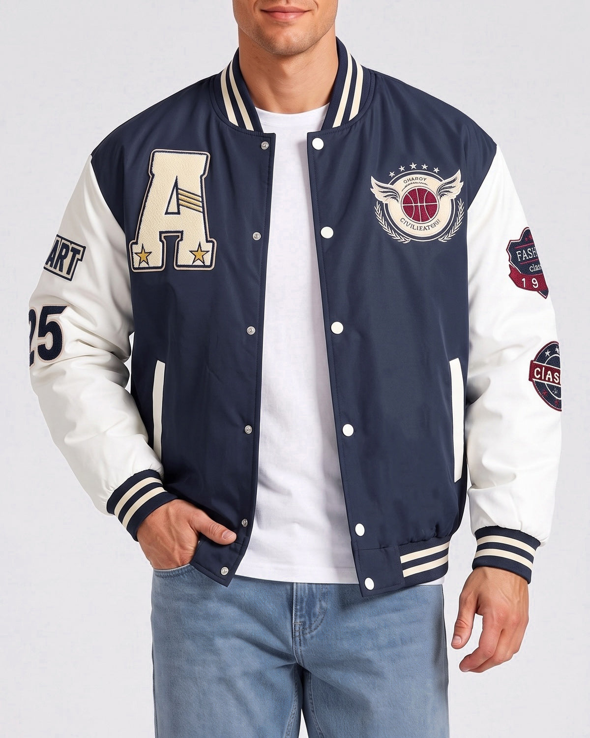 KZZ Men's color-blocked letter and graphic embroidered baseball collar patchwork jacket