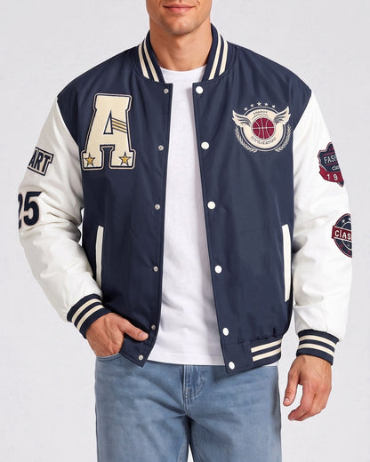 KZZ Men's color-blocked letter and graphic embroidered baseball collar patchwork jacket