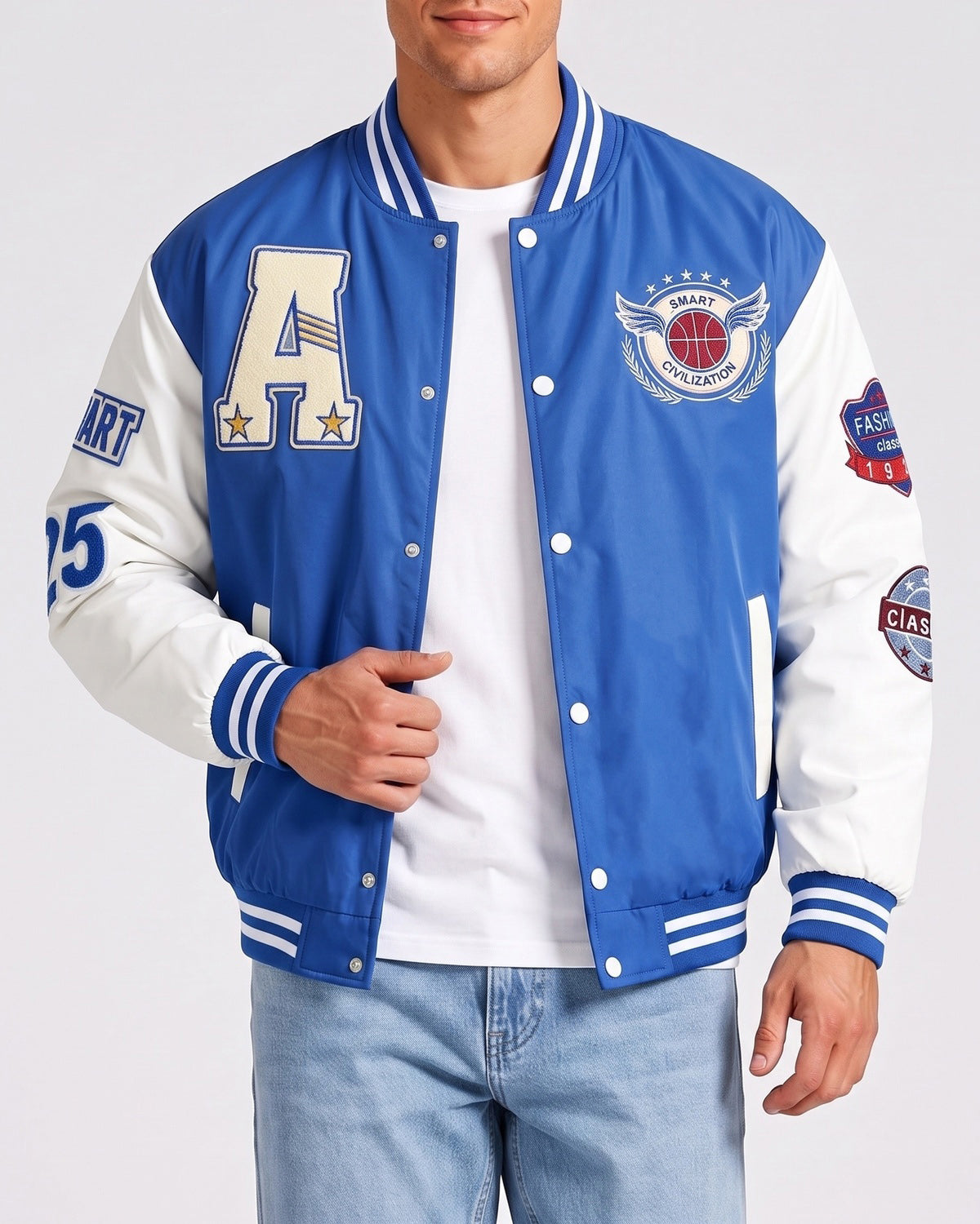 KZZ Men's color-blocked letter and graphic embroidered baseball collar patchwork jacket