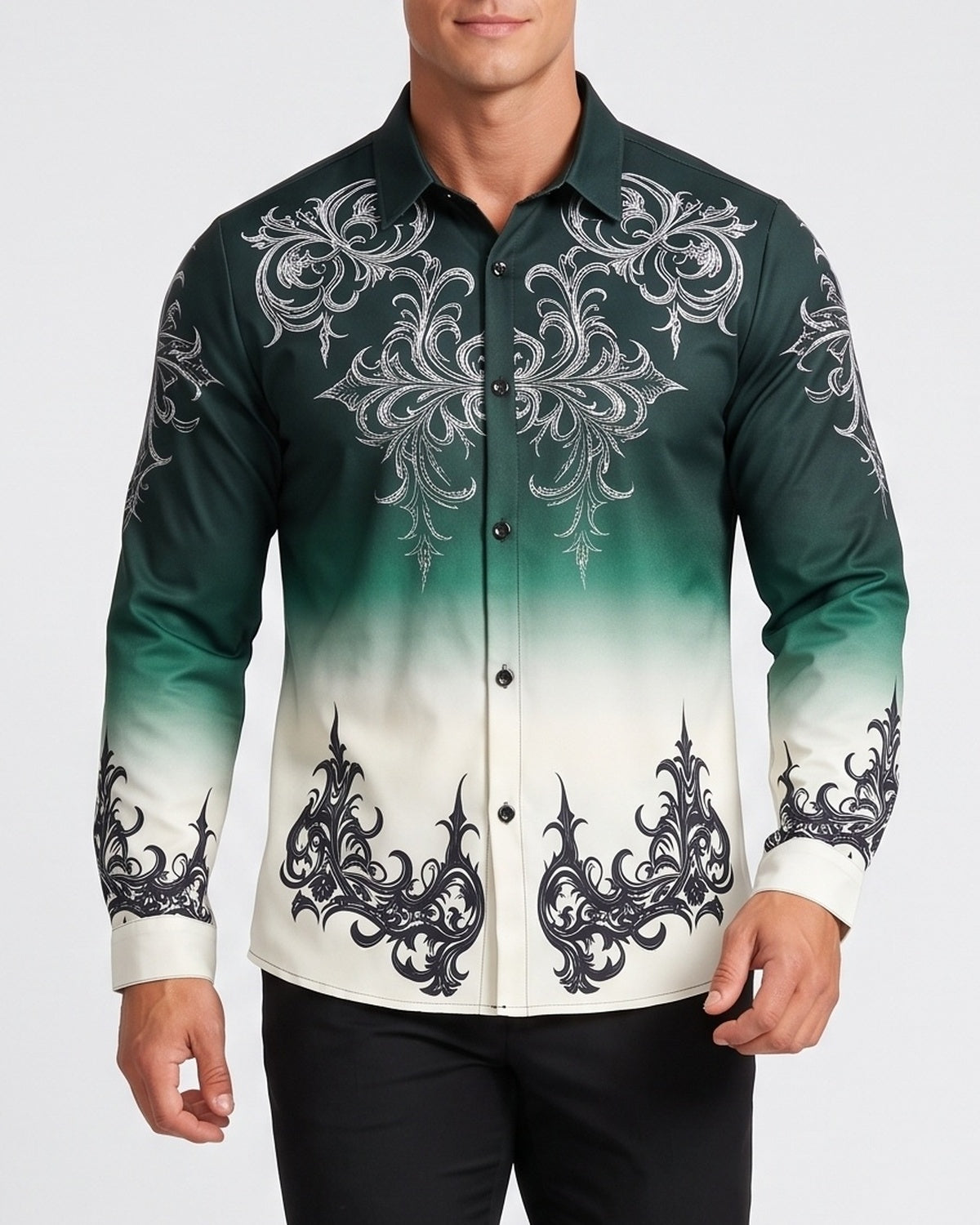 KZZ Gradient Print Casual Long-Sleeved Collared Shirt