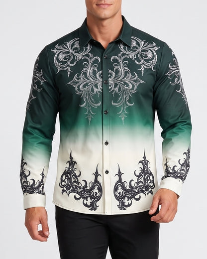 KZZ Gradient Print Casual Long-Sleeved Collared Shirt