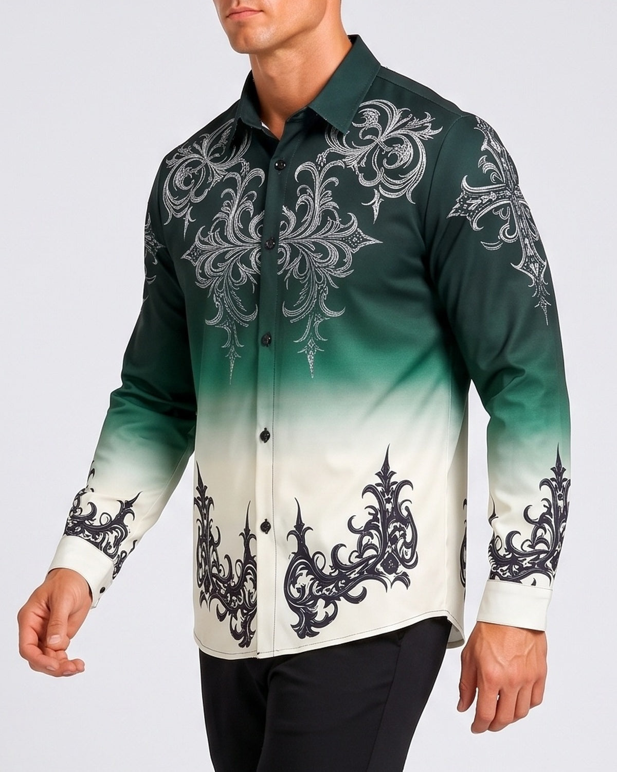 KZZ Gradient Print Casual Long-Sleeved Collared Shirt