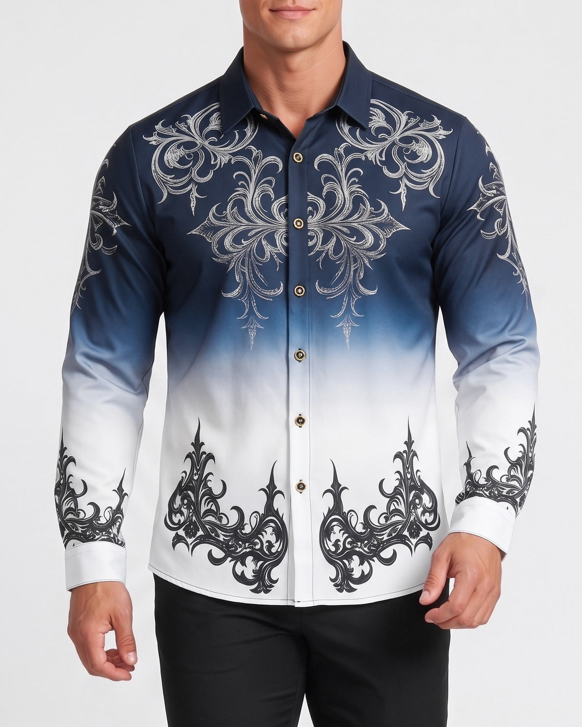 KZZ Gradient Print Casual Long-Sleeved Collared Shirt