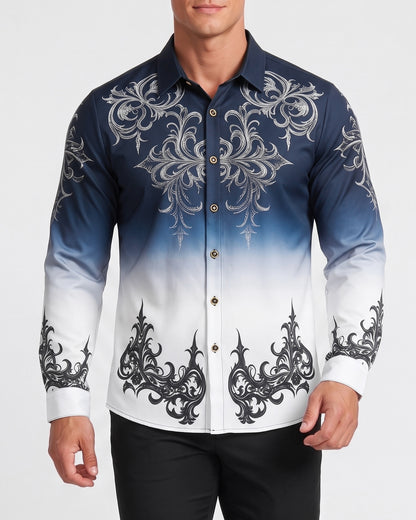 KZZ Gradient Print Casual Long-Sleeved Collared Shirt