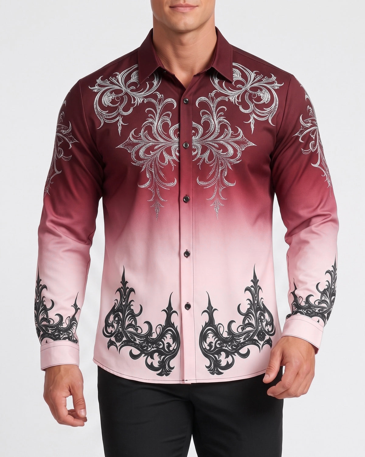 KZZ Gradient Print Casual Long-Sleeved Collared Shirt