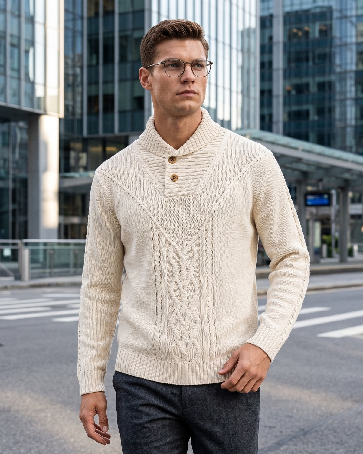 KZZ Men's Textured Cable-Knit Turtleneck Pullover