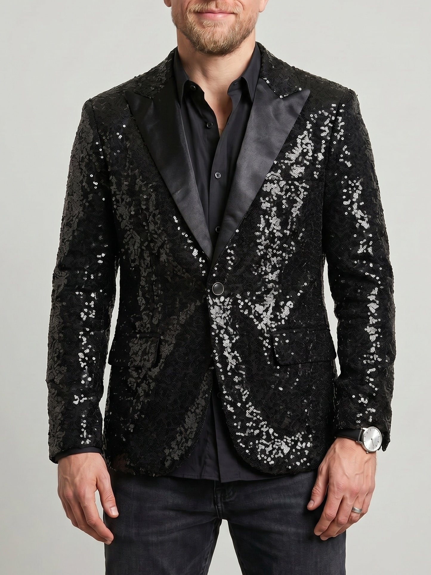 KZZ Men's Shimmering Color-Block Sequin Single-Breasted Blazer