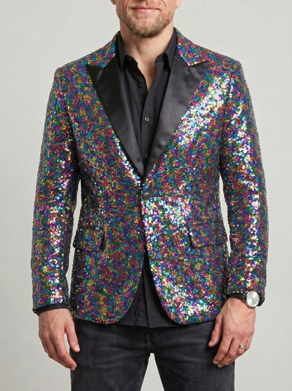 KZZ Men's Shimmering Color-Block Sequin Single-Breasted Blazer
