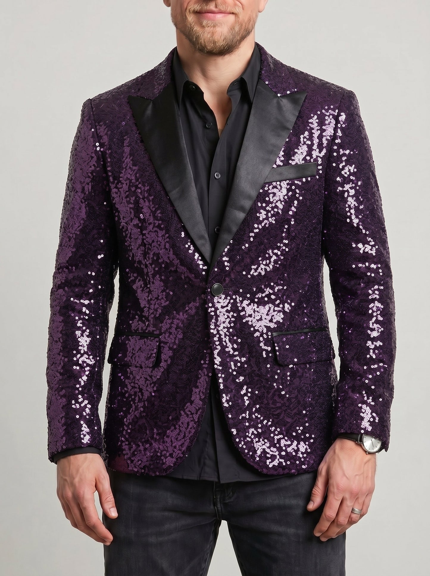 KZZ Men's Shimmering Color-Block Sequin Single-Breasted Blazer