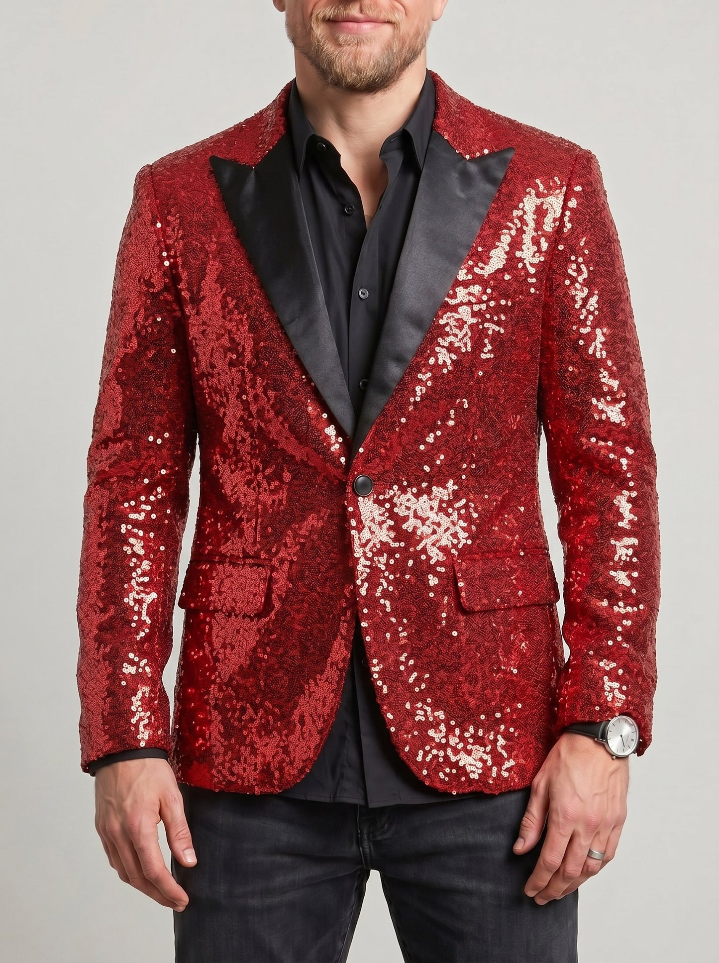 KZZ Men's Shimmering Color-Block Sequin Single-Breasted Blazer