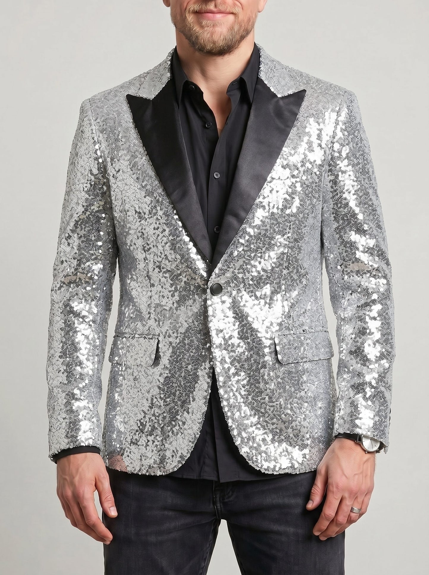 KZZ Men's Shimmering Color-Block Sequin Single-Breasted Blazer