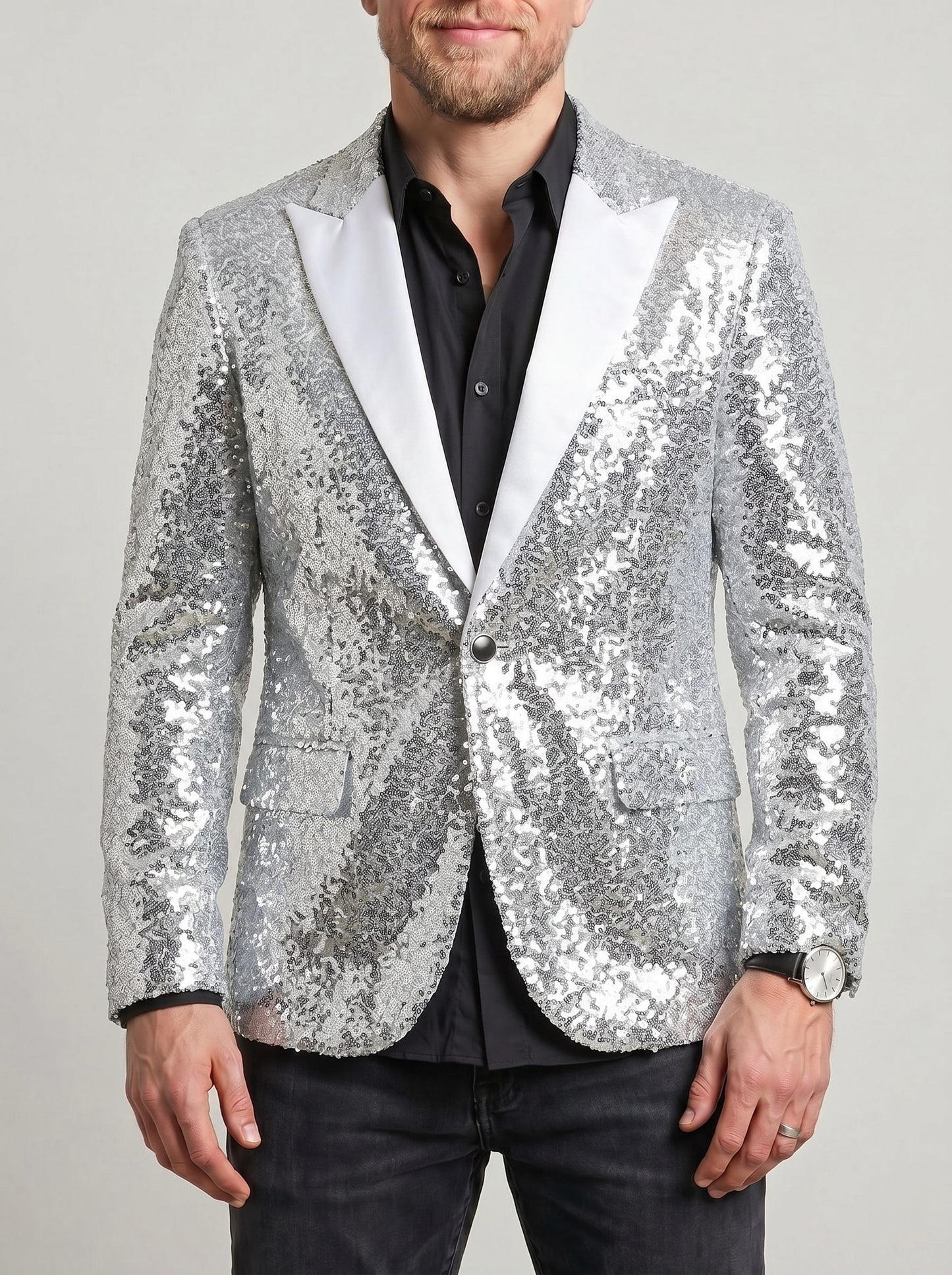 KZZ Men's Shimmering Color-Block Sequin Single-Breasted Blazer