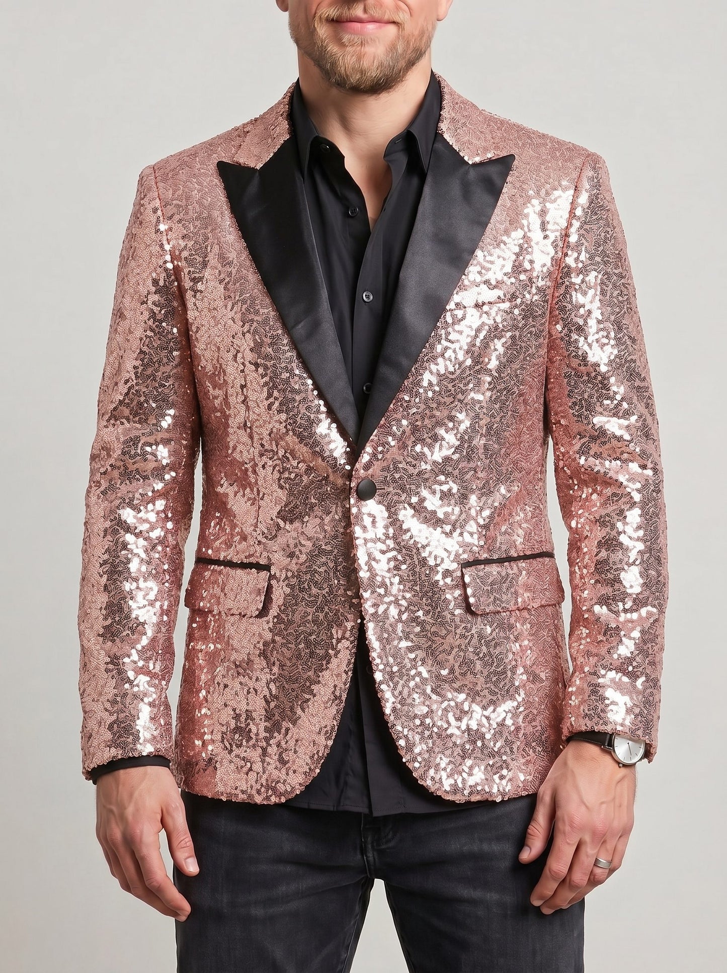 KZZ Men's Shimmering Color-Block Sequin Single-Breasted Blazer
