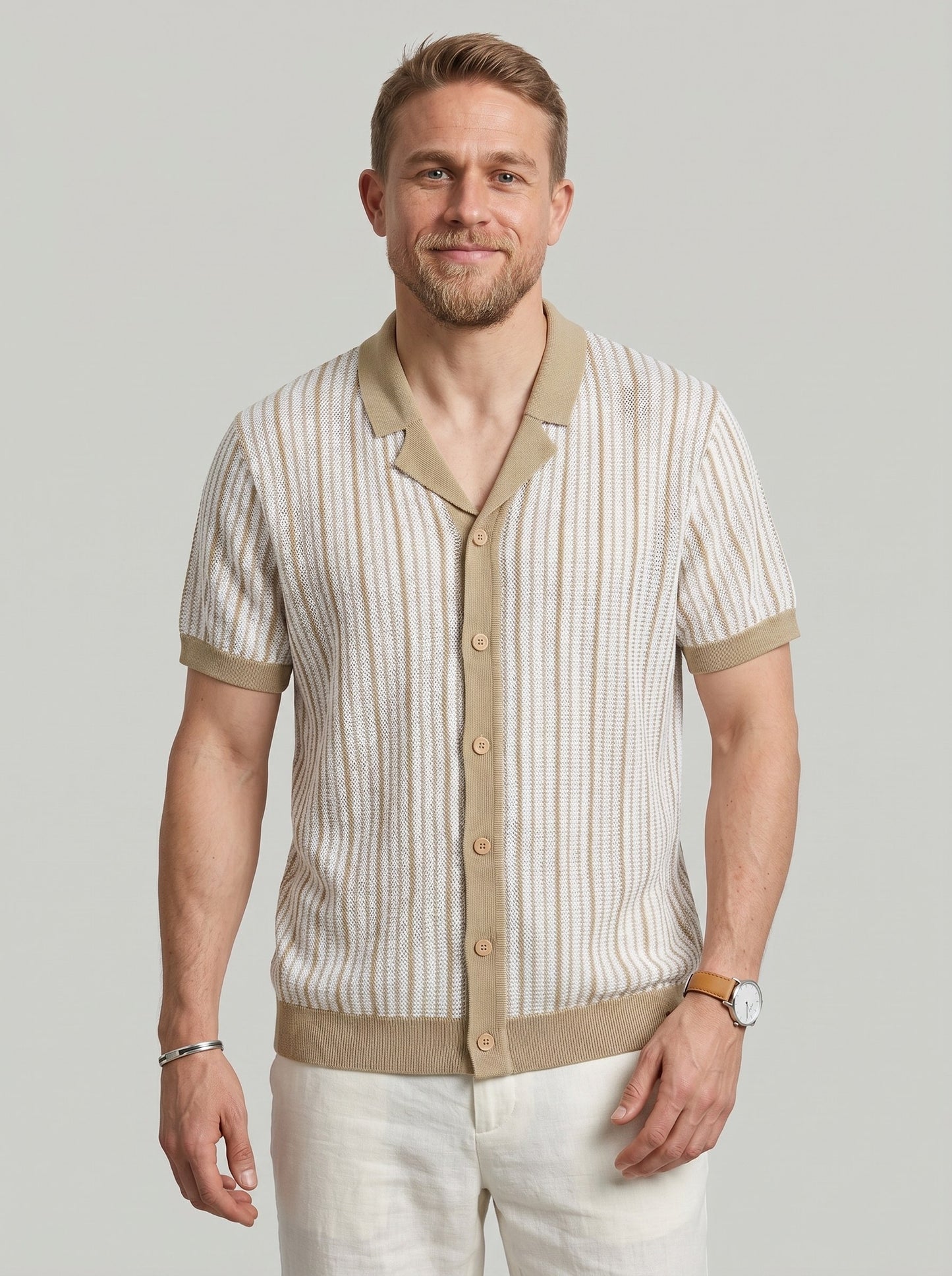 KZZ Men's Striped Button-Front Polo Shirt
