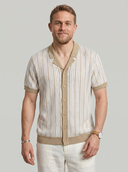 KZZ Men's Striped Button-Front Polo Shirt