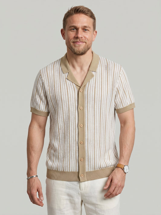 KZZ Men's Striped Button-Front Polo Shirt