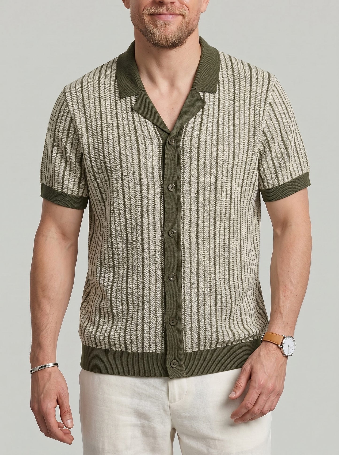 KZZ Men's Striped Button-Front Polo Shirt