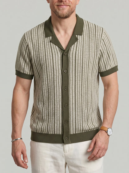 KZZ Men's Striped Button-Front Polo Shirt