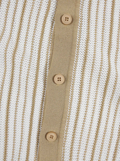 KZZ Men's Striped Button-Front Polo Shirt