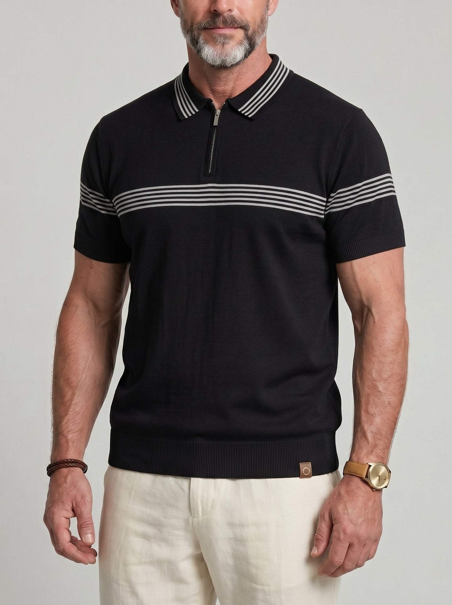 KZZ Men's Striped Print Polo Shirt
