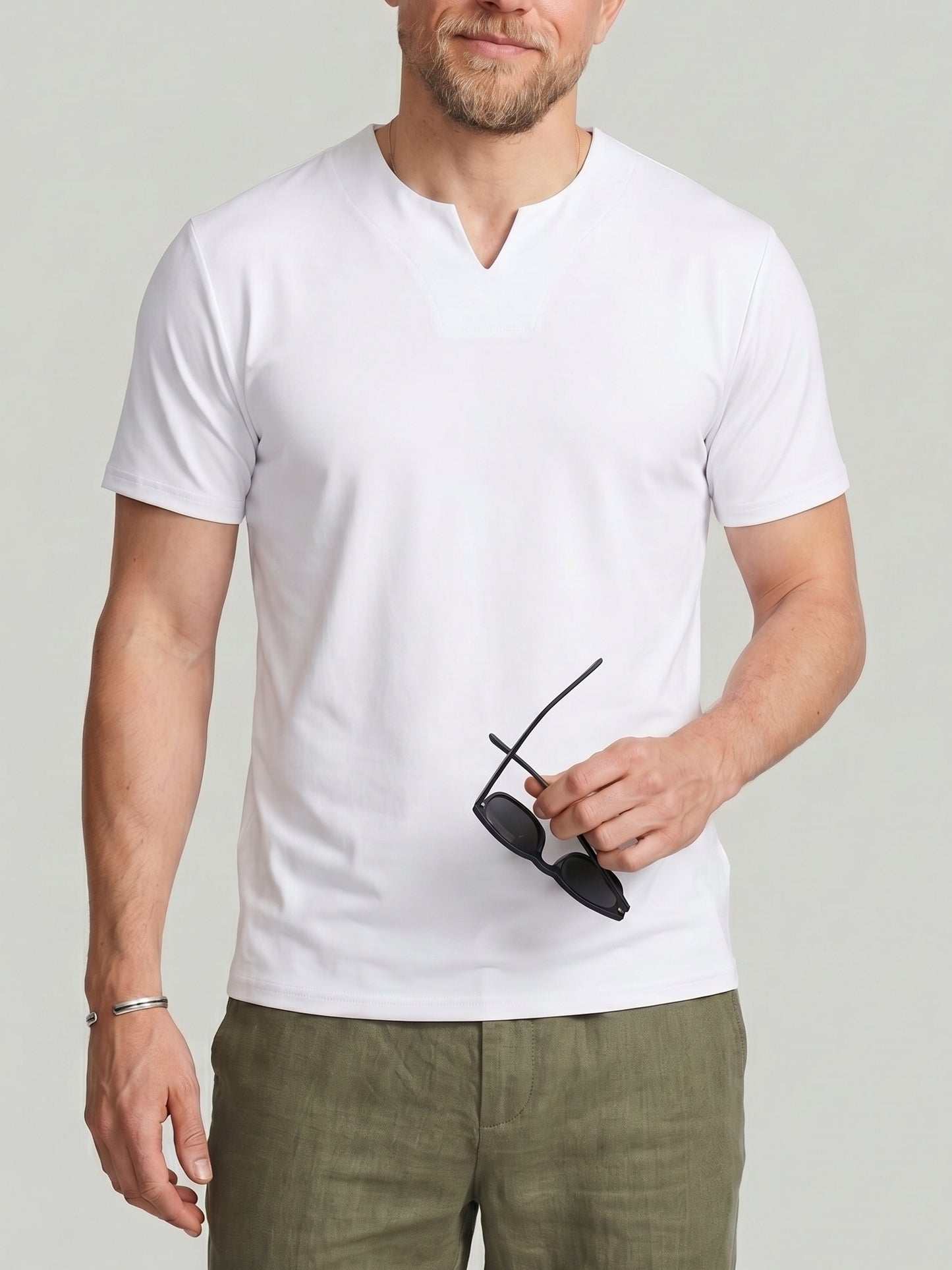 KZZ Men's Solid-Color V-Neck T-Shirt