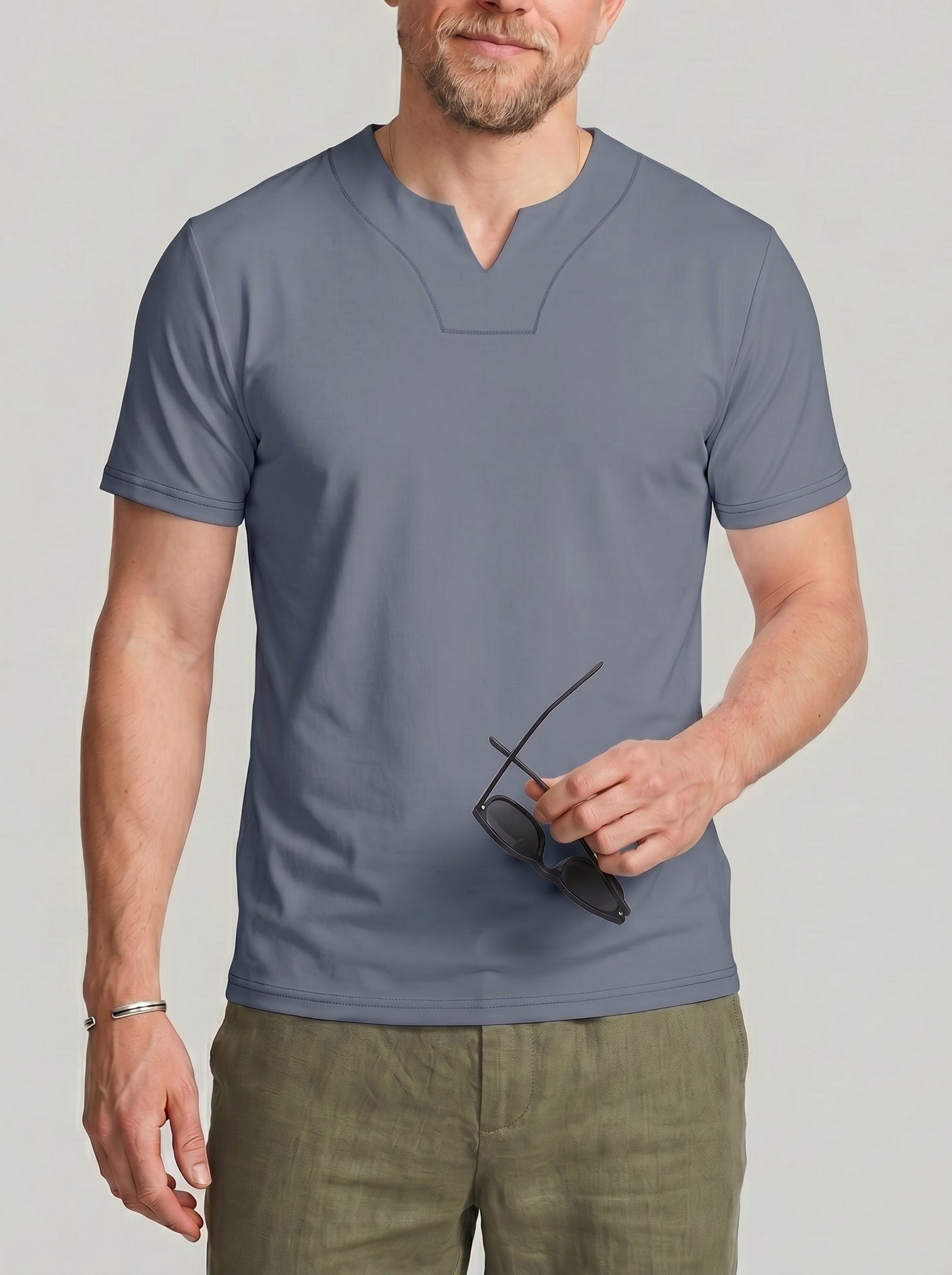 KZZ Men's Solid-Color V-Neck T-Shirt